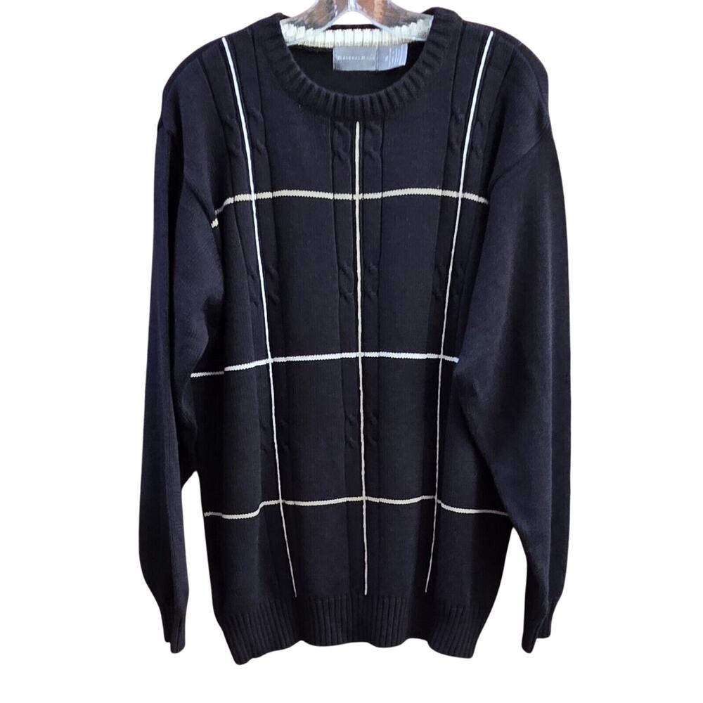 Vintage Bill Blass Sweater Mens XL Textured 90s Black Plaid